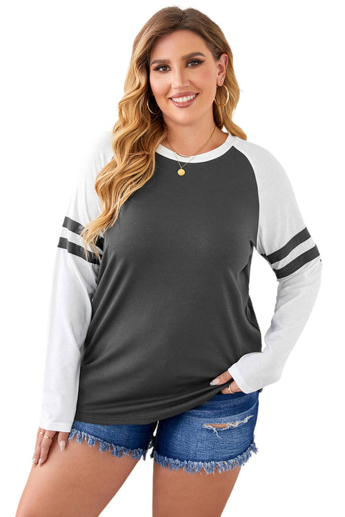 Gray Crewneck Striped Splicing Sleeve Patchwork Top