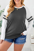 Gray Crewneck Striped Splicing Sleeve Patchwork Top