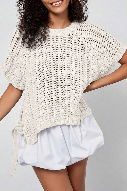 Crochet Bow Tie Short Sleeve Sweater