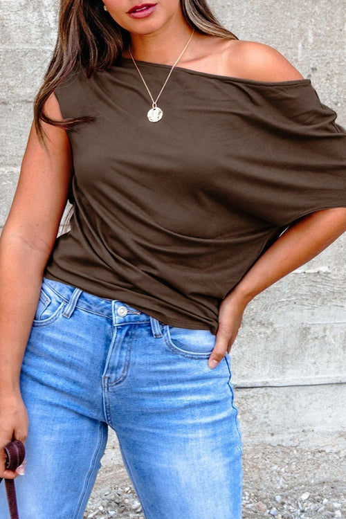 Solid Asymmetric Neck Short Sleeve Blouse