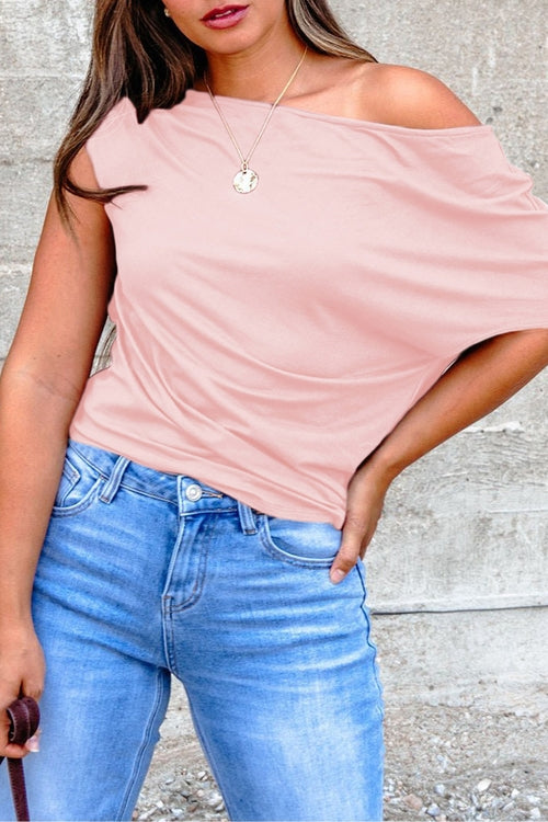 Solid Asymmetric Neck Short Sleeve Blouse