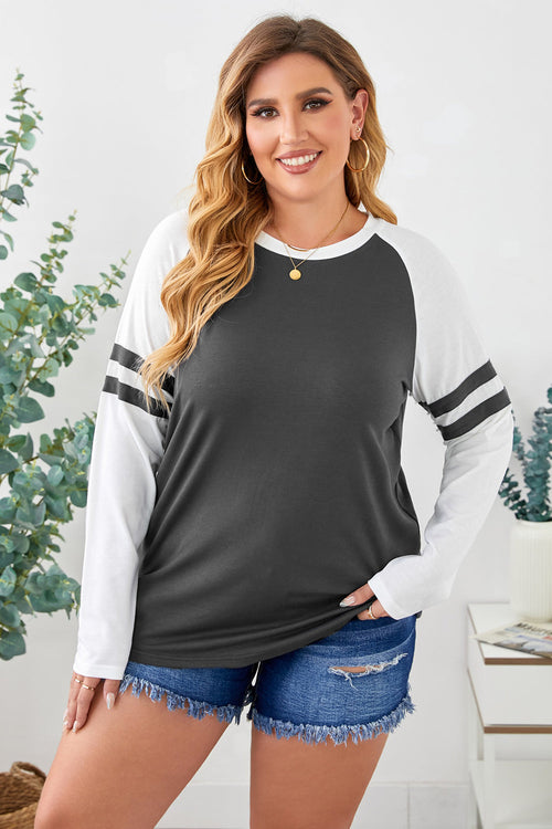 Gray Crewneck Striped Splicing Sleeve Patchwork Top