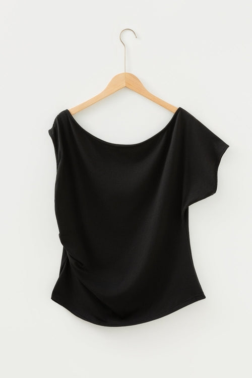 Solid Asymmetric Neck Short Sleeve Blouse