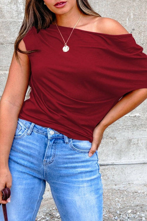 Solid Asymmetric Neck Short Sleeve Blouse