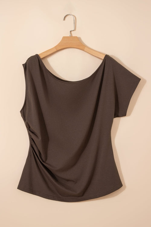 Solid Asymmetric Neck Short Sleeve Blouse