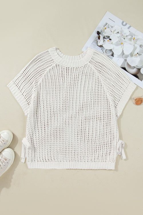 Crochet Bow Tie Short Sleeve Sweater