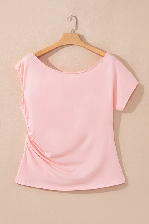 Solid Asymmetric Neck Short Sleeve Blouse