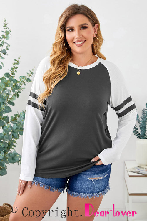 Gray Crewneck Striped Splicing Sleeve Patchwork Top