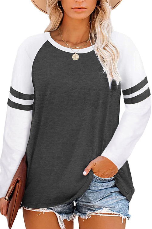 Gray Crewneck Striped Splicing Sleeve Patchwork Top