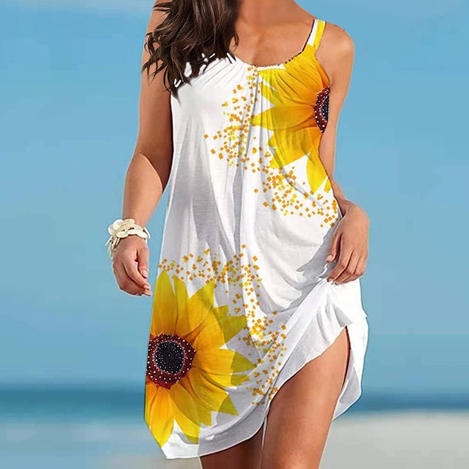 🌻 Sunflower Print Sleeveless Wrap Dress