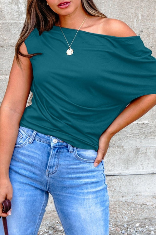Solid Asymmetric Neck Short Sleeve Blouse