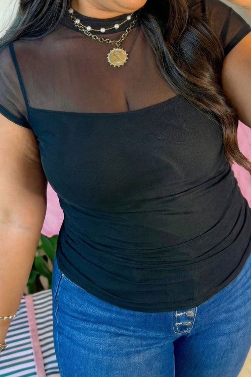 Sheer Mesh Panel Short Sleeve Top