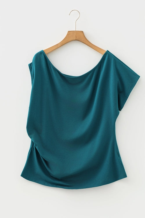 Solid Asymmetric Neck Short Sleeve Blouse