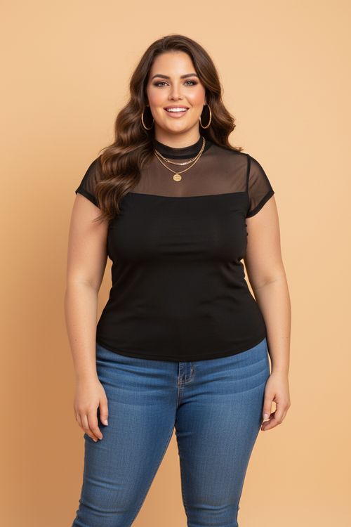 Sheer Mesh Panel Short Sleeve Top