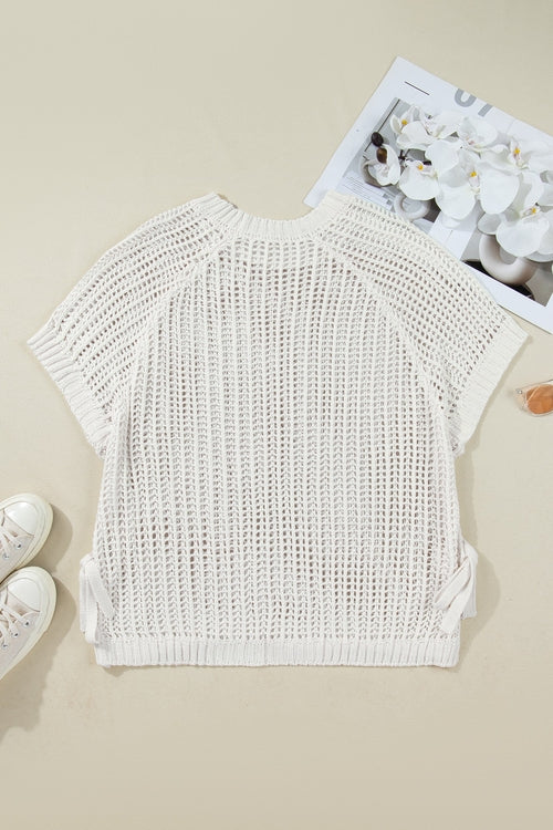 Crochet Bow Tie Short Sleeve Sweater