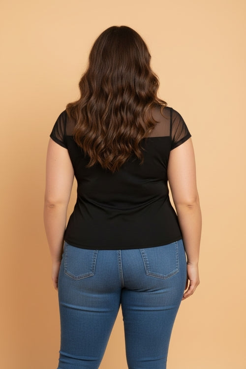 Sheer Mesh Panel Short Sleeve Top