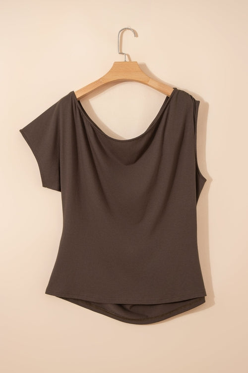 Solid Asymmetric Neck Short Sleeve Blouse