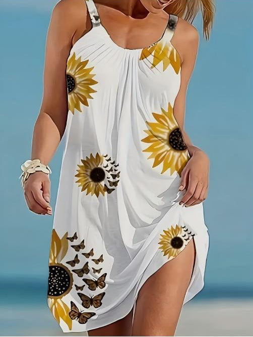 🌻 Sunflower Print Sleeveless Wrap Dress