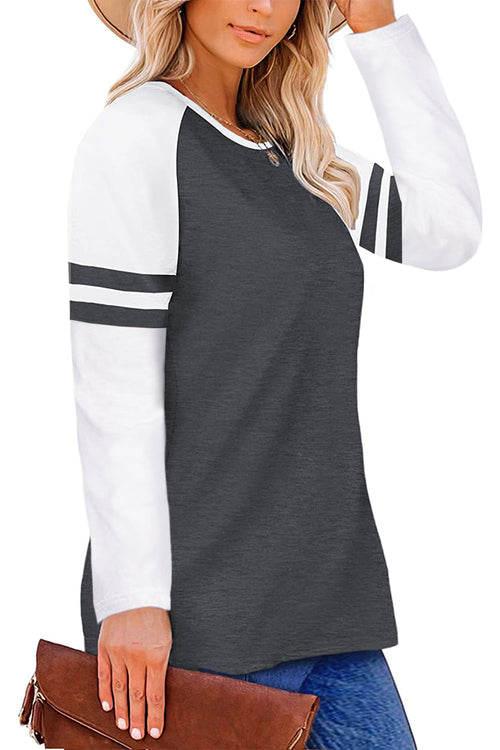 Gray Crewneck Striped Splicing Sleeve Patchwork Top