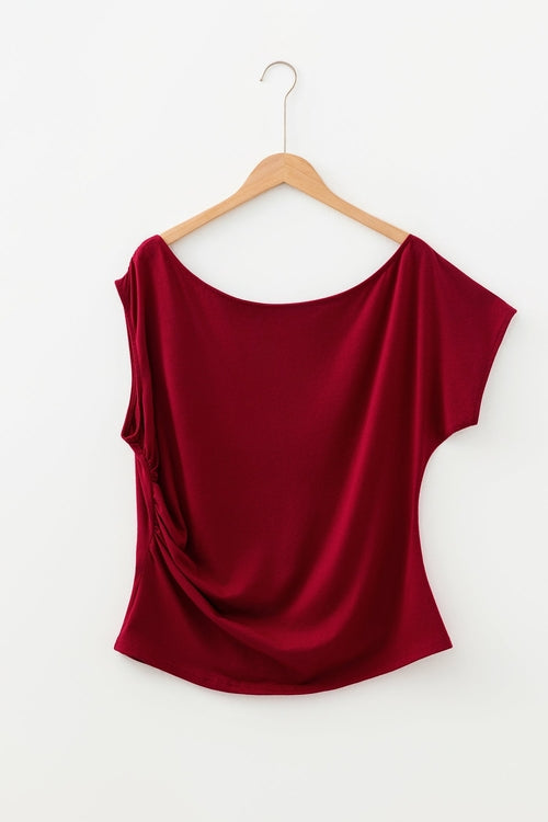 Solid Asymmetric Neck Short Sleeve Blouse