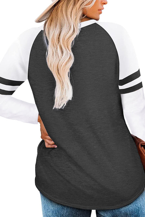 Gray Crewneck Striped Splicing Sleeve Patchwork Top